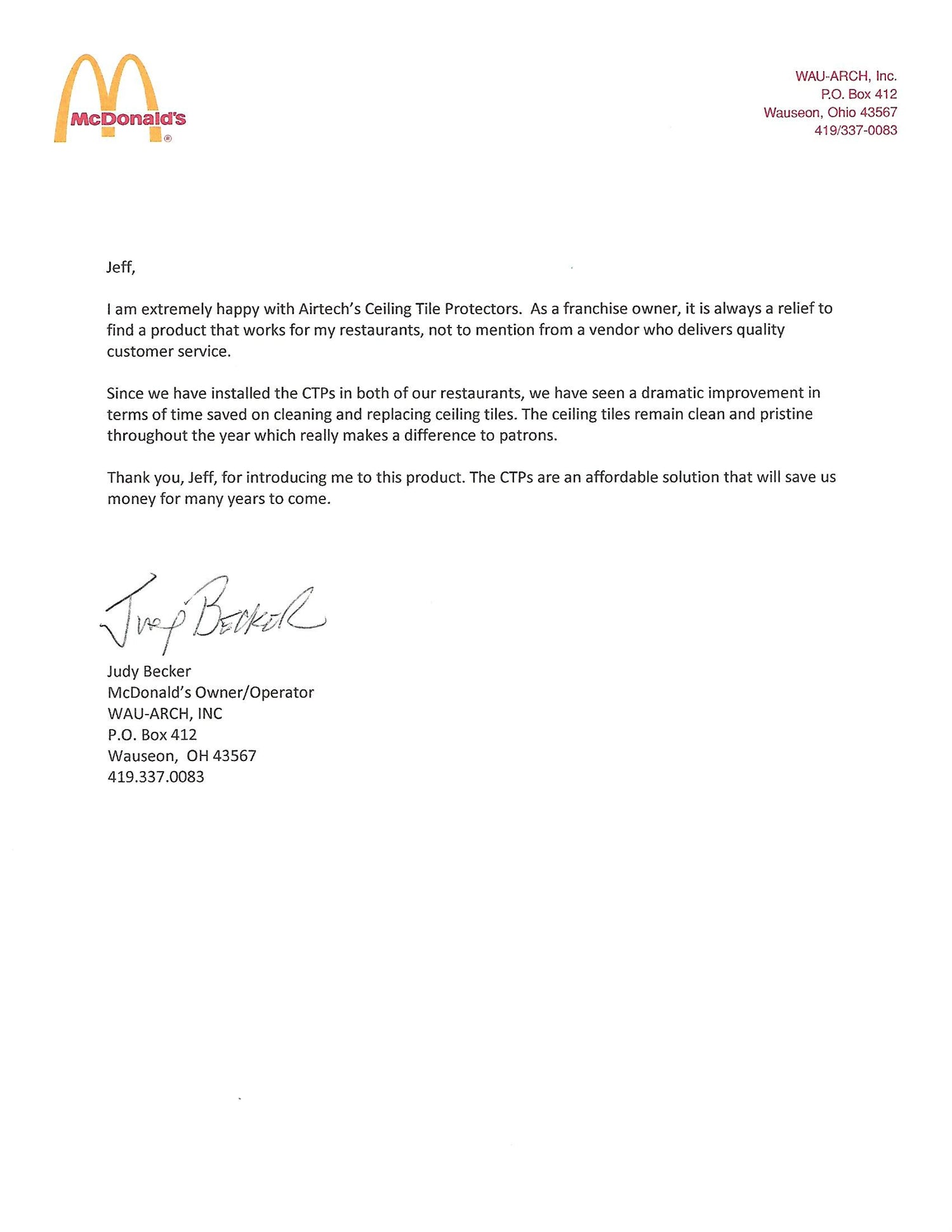 Letter from McDonald’s owner/operator Judy Becker containing review of Ceiling Tile Protectors
