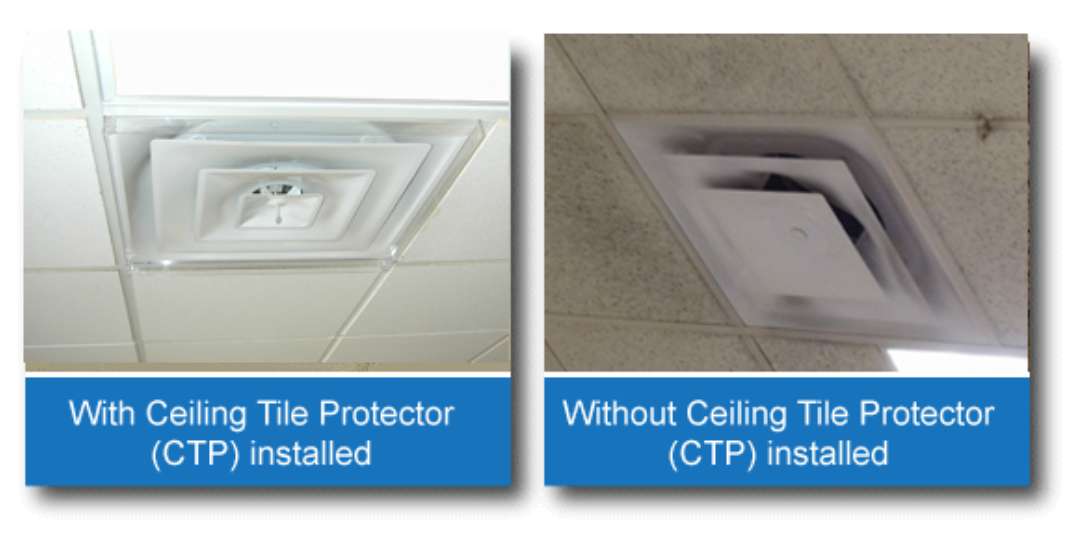 Labeled comparison of ceiling vents with and without an installed Ceiling Tile Protector